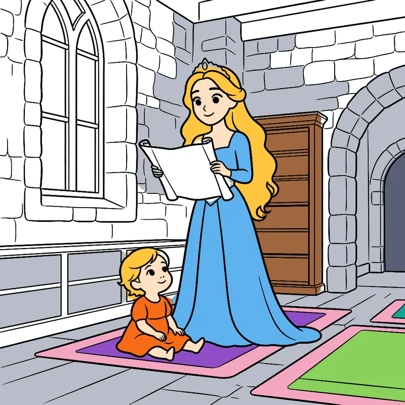 A colored-in princess page from a Talebard coloring book