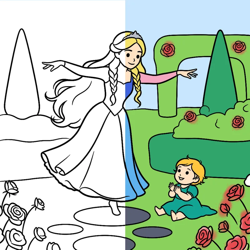 A Talebard coloring page, half colored in