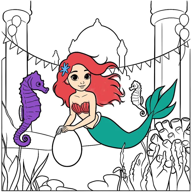A mermaid coloring page being colored in on Talebard