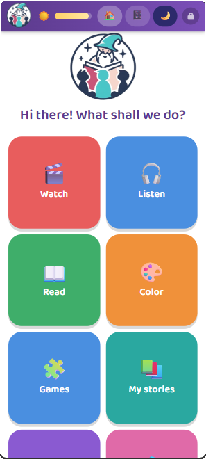 The Talebard kid mode home screen with big Watch, Listen, Read, Color, Games and My stories buttons